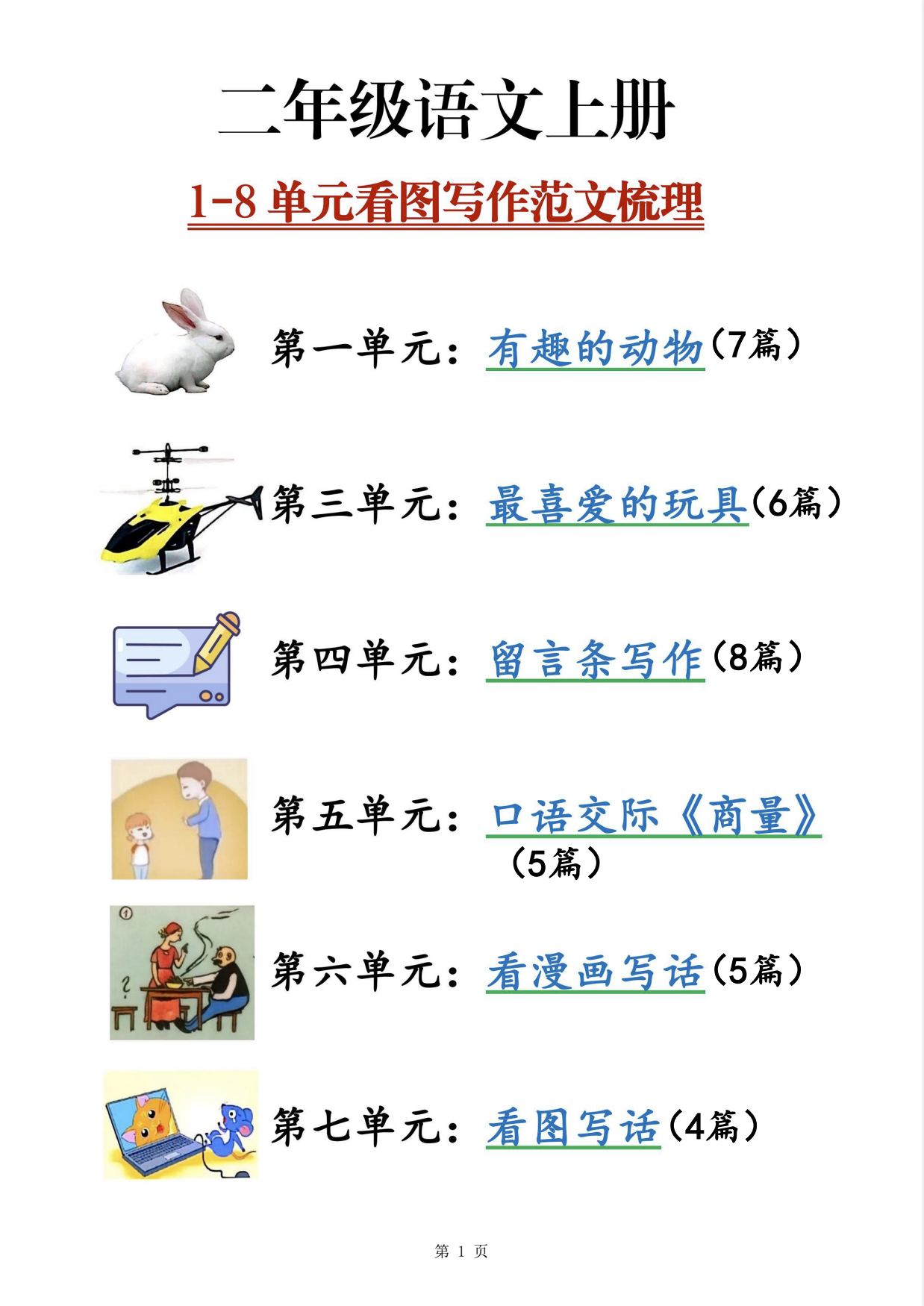 🌲二上语文1-8单元看图写话范文梳理35篇（34页）-状元学习站百万海量精品学习素材