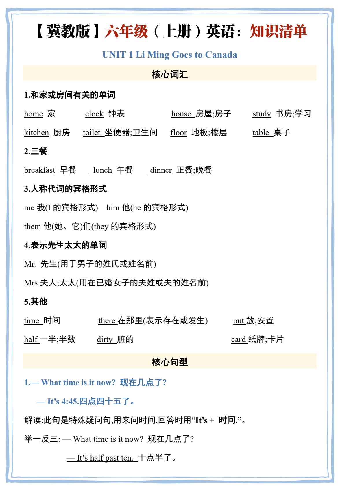 2025年秋【冀教】六上英语知识清单-状元学习站百万海量精品学习素材